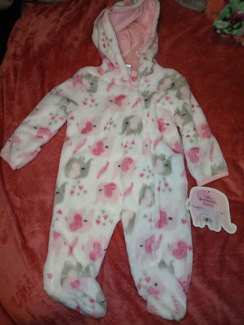 Little Beginnings NWT Newborn Pink and White Fleece Hooded One-Piece -